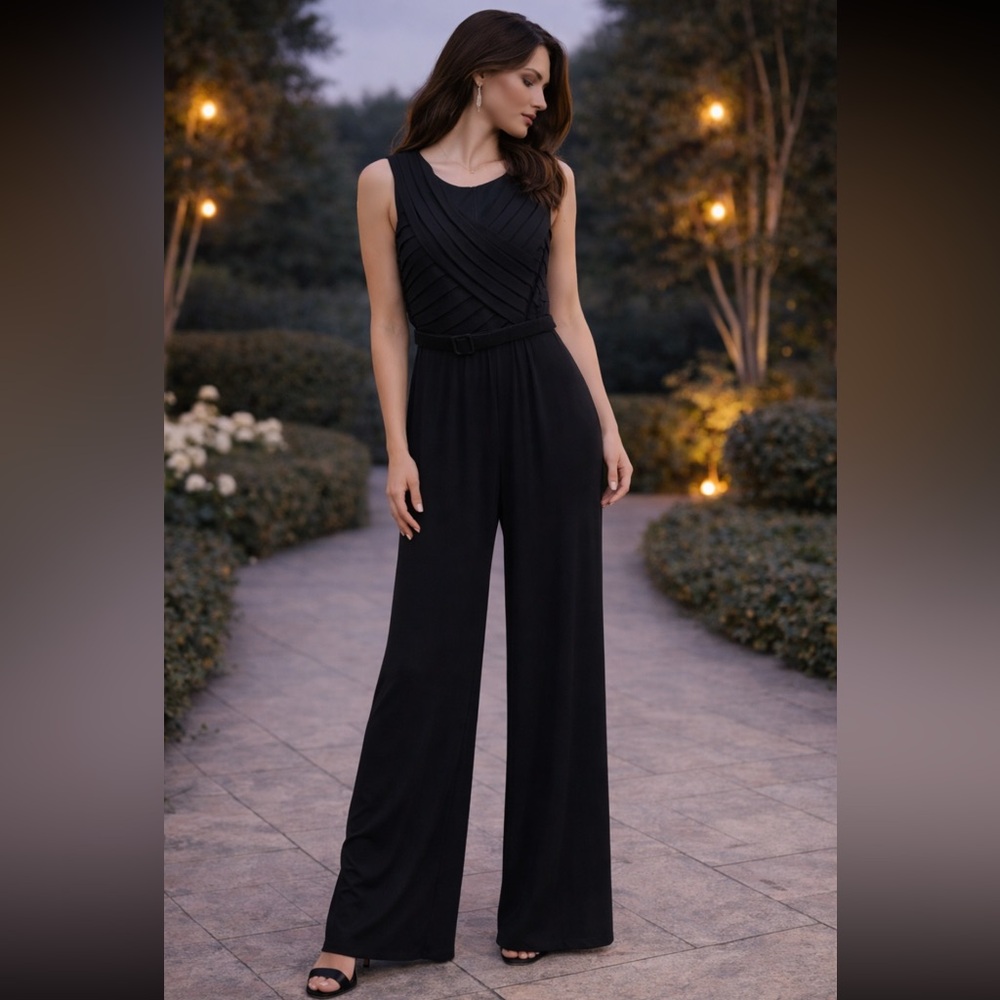 Adrianna Papell Black Sleeveless Wide-Leg Jumpsuit with Belt